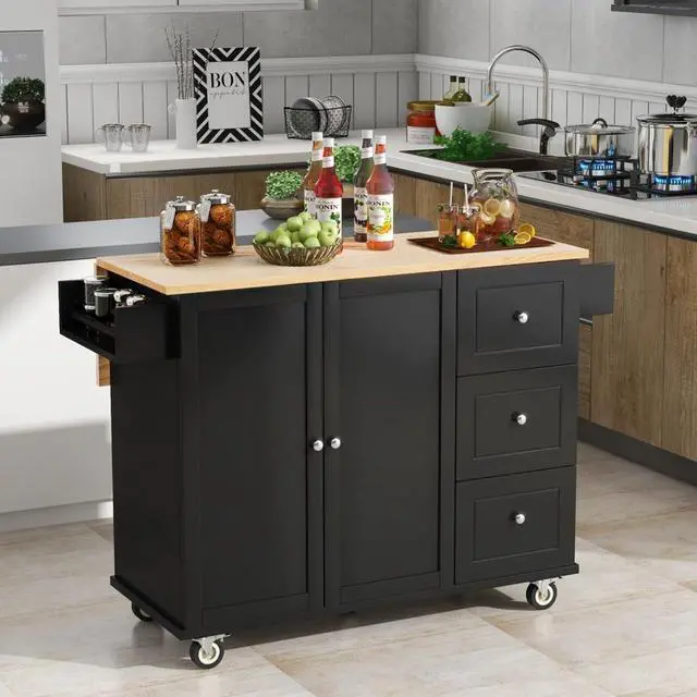 Main image of Kitchen Island with Storage & Drop Leaf, Rolling Kitchen Island Cart on Wheels with 3 Drawers, Adjustable Shelf, Spice & Towel Rack, Island Table for Small Kitchen & Dining Room (Black)