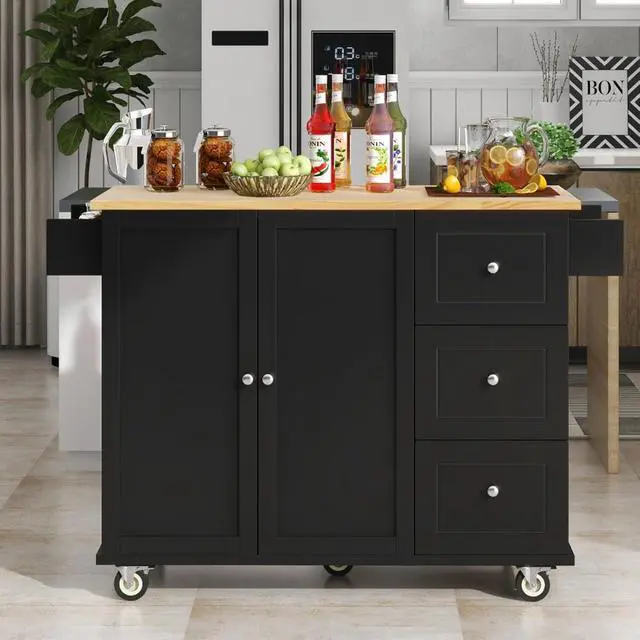 Alt view image 2 of 7 - Kitchen Island with Storage & Drop Leaf, Rolling Kitchen Island Cart on Wheels with 3 Drawers, Adjustable Shelf, Spice & Towel Rack, Island Table for Small Kitchen & Dining Room (Black)