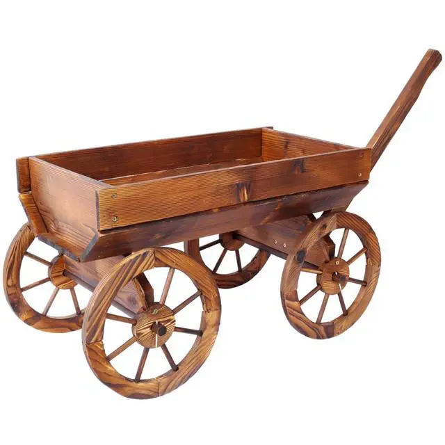 Alt view image 4 of 7 - Wooden Wagon Planter Box with Wheels Design and Drainage Hole for Backyard, Park, Lawn, Outdoor Flower Cart with Fir Wood Frame for Growing Flowers, Plants, Herbs (Style 1)