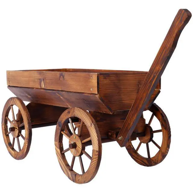 Alt view image 7 of 7 - Wooden Wagon Planter Box with Wheels Design and Drainage Hole for Backyard, Park, Lawn, Outdoor Flower Cart with Fir Wood Frame for Growing Flowers, Plants, Herbs (Style 1)