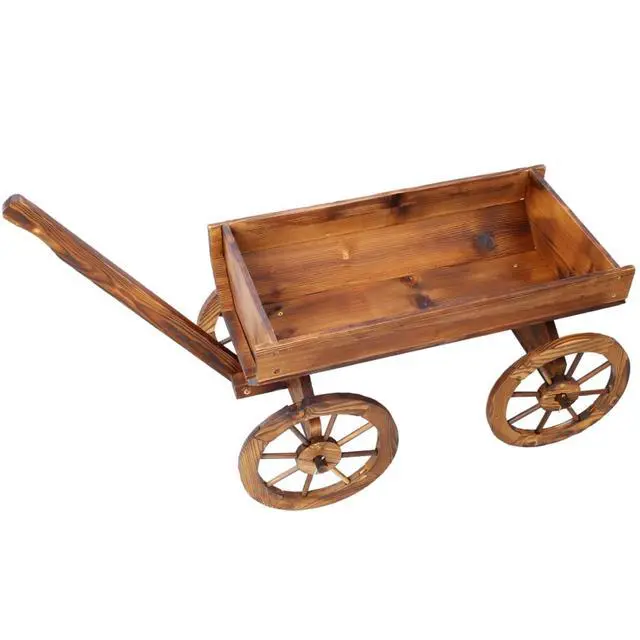 Alt view image 5 of 7 - Wooden Wagon Planter Box with Wheels Design and Drainage Hole for Backyard, Park, Lawn, Outdoor Flower Cart with Fir Wood Frame for Growing Flowers, Plants, Herbs (Style 1)