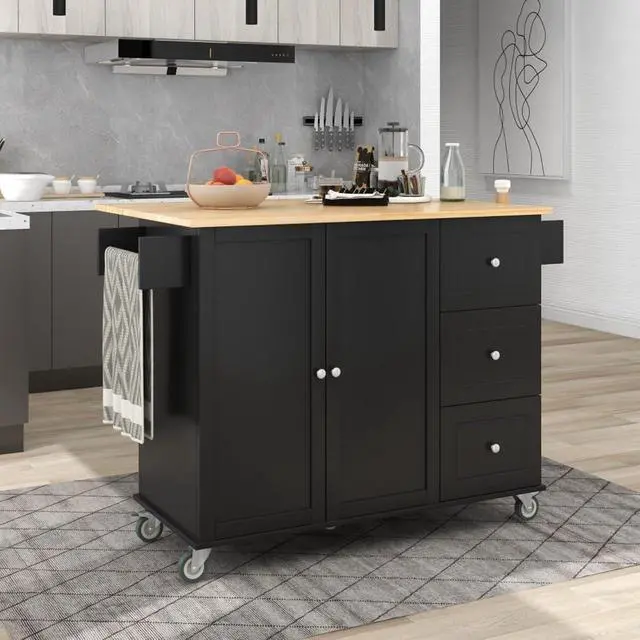Alt view image 3 of 7 - Kitchen Island with Storage & Drop Leaf, Rolling Kitchen Island Cart on Wheels with 3 Drawers, Adjustable Shelf, Spice & Towel Rack, Island Table for Small Kitchen & Dining Room (Black)