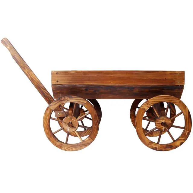 Alt view image 6 of 7 - Wooden Wagon Planter Box with Wheels Design and Drainage Hole for Backyard, Park, Lawn, Outdoor Flower Cart with Fir Wood Frame for Growing Flowers, Plants, Herbs (Style 1)