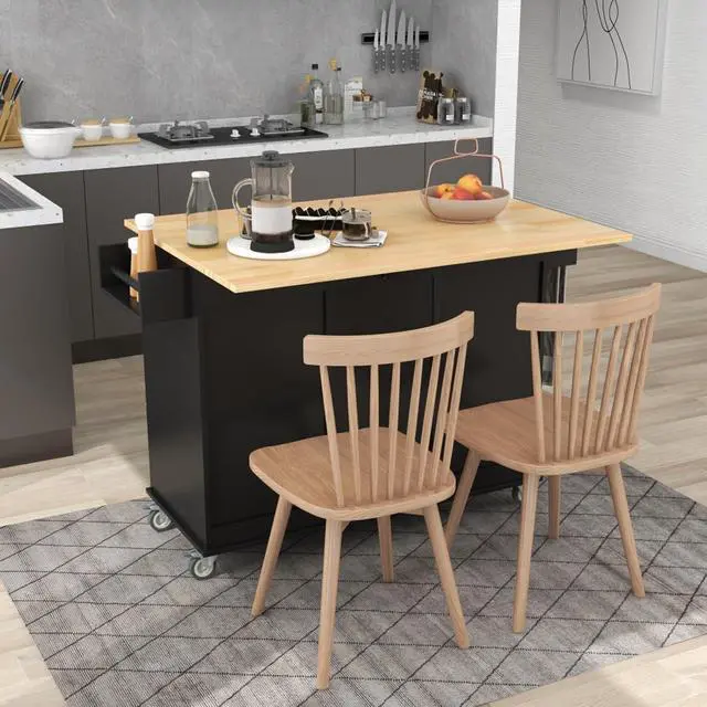 Alt view image 4 of 7 - Kitchen Island with Storage & Drop Leaf, Rolling Kitchen Island Cart on Wheels with 3 Drawers, Adjustable Shelf, Spice & Towel Rack, Island Table for Small Kitchen & Dining Room (Black)