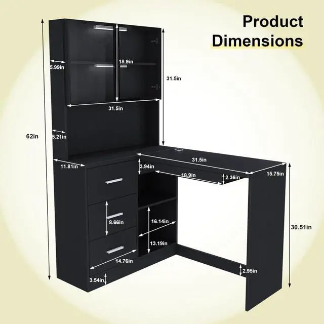 Alt view image 2 of 7 - Ergonomic L-Shaped Design Housheold Glass Cabinet Computer Desk with LED Lights, USB Ports & Keyboard Tray for Home Offices and Corporate Spaces (Black)