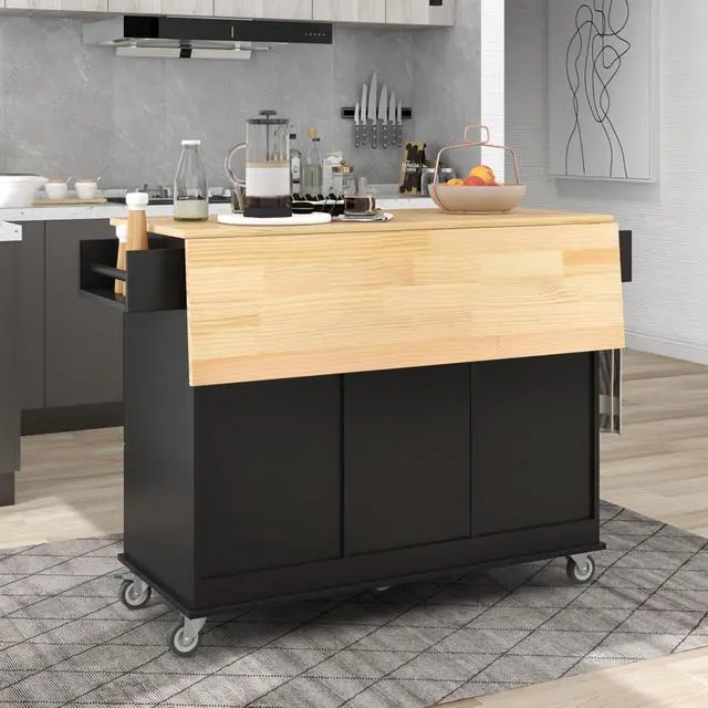 Alt view image 5 of 7 - Kitchen Island with Storage & Drop Leaf, Rolling Kitchen Island Cart on Wheels with 3 Drawers, Adjustable Shelf, Spice & Towel Rack, Island Table for Small Kitchen & Dining Room (Black)
