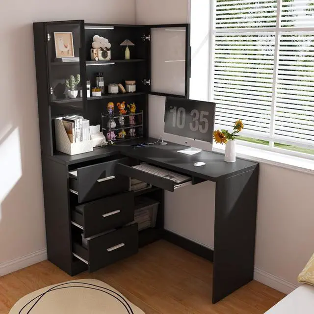 Alt view image 4 of 7 - Ergonomic L-Shaped Design Housheold Glass Cabinet Computer Desk with LED Lights, USB Ports & Keyboard Tray for Home Offices and Corporate Spaces (Black)