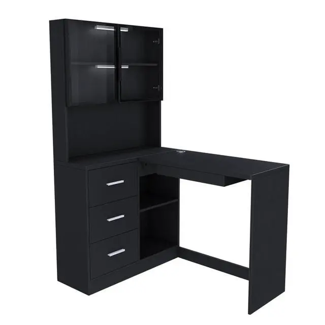 Alt view image 5 of 7 - Ergonomic L-Shaped Design Housheold Glass Cabinet Computer Desk with LED Lights, USB Ports & Keyboard Tray for Home Offices and Corporate Spaces (Black)