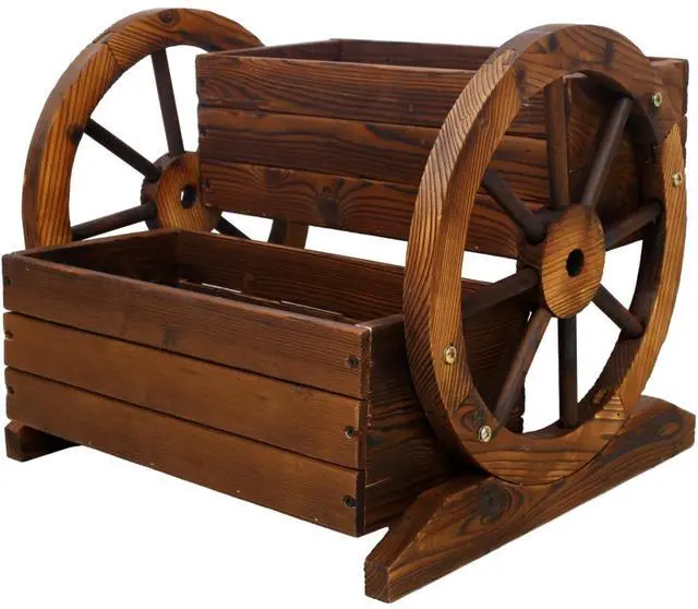 Main image of Wooden Wagon Planter Box with Wheels Design and Drainage Hole for Backyard, Park, Lawn, Outdoor Flower Cart with Fir Wood Frame for Growing Flowers, Plants, Herbs (Style 2)