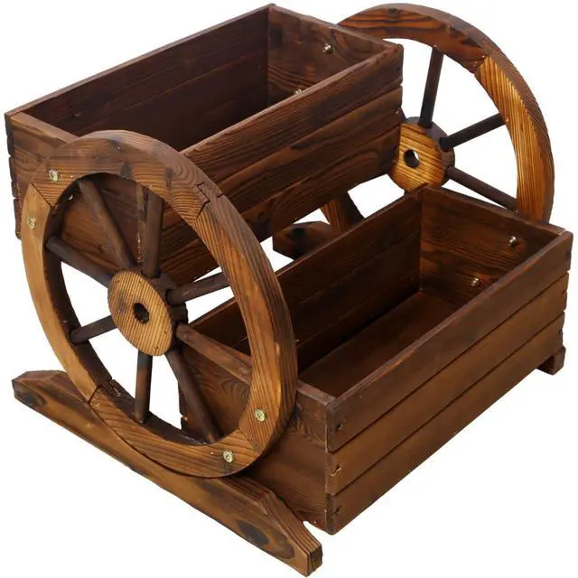 Alt view image 2 of 7 - Wooden Wagon Planter Box with Wheels Design and Drainage Hole for Backyard, Park, Lawn, Outdoor Flower Cart with Fir Wood Frame for Growing Flowers, Plants, Herbs (Style 2)