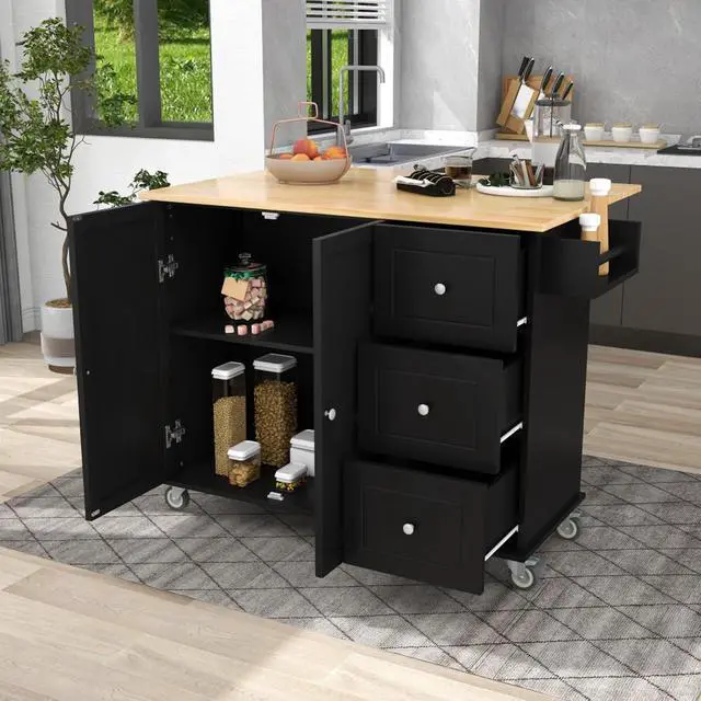 Alt view image 6 of 7 - Kitchen Island with Storage & Drop Leaf, Rolling Kitchen Island Cart on Wheels with 3 Drawers, Adjustable Shelf, Spice & Towel Rack, Island Table for Small Kitchen & Dining Room (Black)