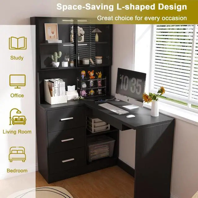 Alt view image 7 of 7 - Ergonomic L-Shaped Design Housheold Glass Cabinet Computer Desk with LED Lights, USB Ports & Keyboard Tray for Home Offices and Corporate Spaces (Black)