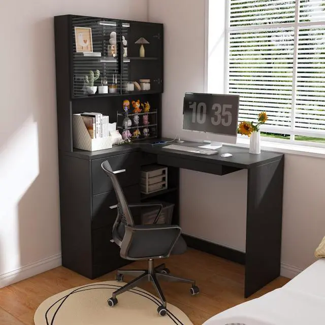 Alt view image 3 of 7 - Ergonomic L-Shaped Design Housheold Glass Cabinet Computer Desk with LED Lights, USB Ports & Keyboard Tray for Home Offices and Corporate Spaces (Black)
