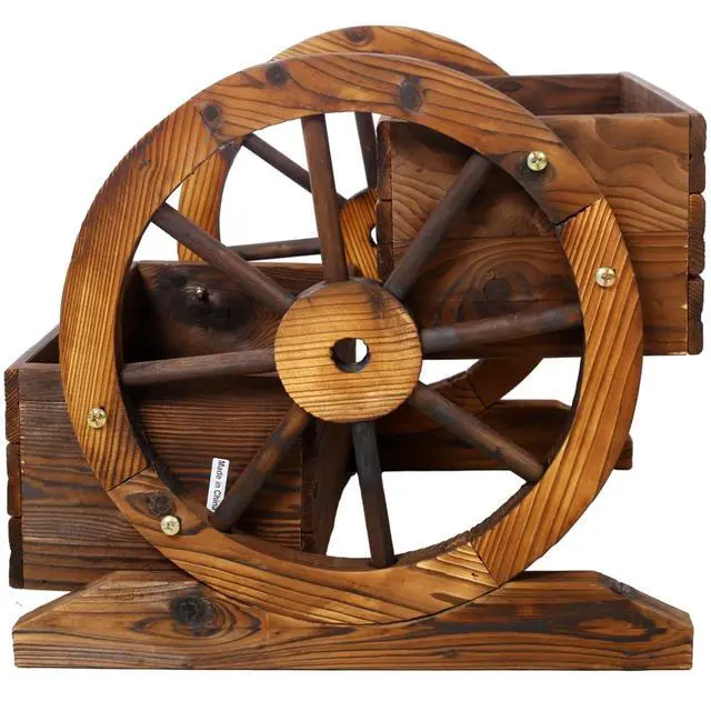 Alt view image 4 of 7 - Wooden Wagon Planter Box with Wheels Design and Drainage Hole for Backyard, Park, Lawn, Outdoor Flower Cart with Fir Wood Frame for Growing Flowers, Plants, Herbs (Style 2)