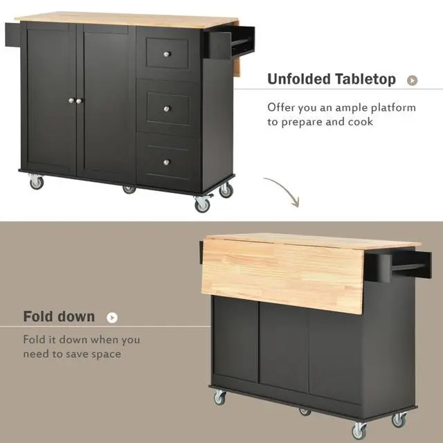 Alt view image 7 of 7 - Kitchen Island with Storage & Drop Leaf, Rolling Kitchen Island Cart on Wheels with 3 Drawers, Adjustable Shelf, Spice & Towel Rack, Island Table for Small Kitchen & Dining Room (Black)