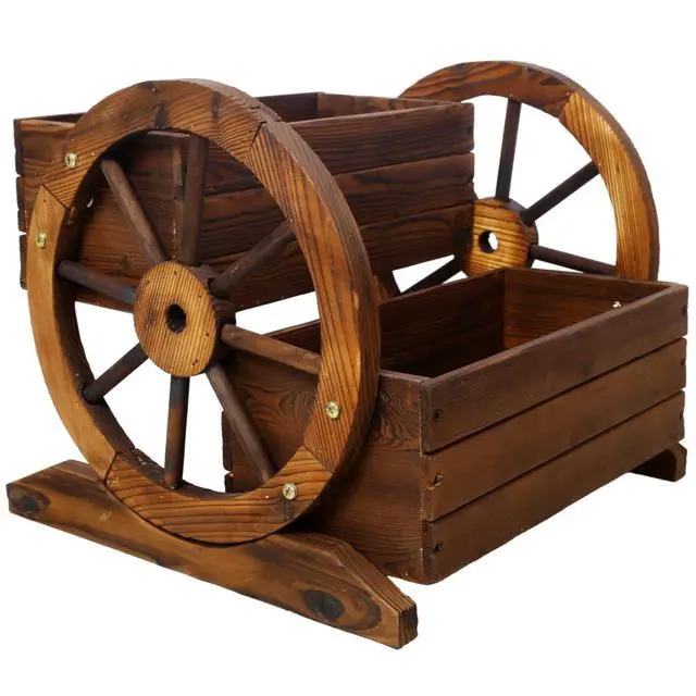 Alt view image 5 of 7 - Wooden Wagon Planter Box with Wheels Design and Drainage Hole for Backyard, Park, Lawn, Outdoor Flower Cart with Fir Wood Frame for Growing Flowers, Plants, Herbs (Style 2)