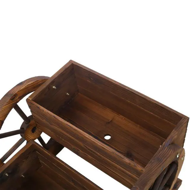 Alt view image 6 of 7 - Wooden Wagon Planter Box with Wheels Design and Drainage Hole for Backyard, Park, Lawn, Outdoor Flower Cart with Fir Wood Frame for Growing Flowers, Plants, Herbs (Style 2)