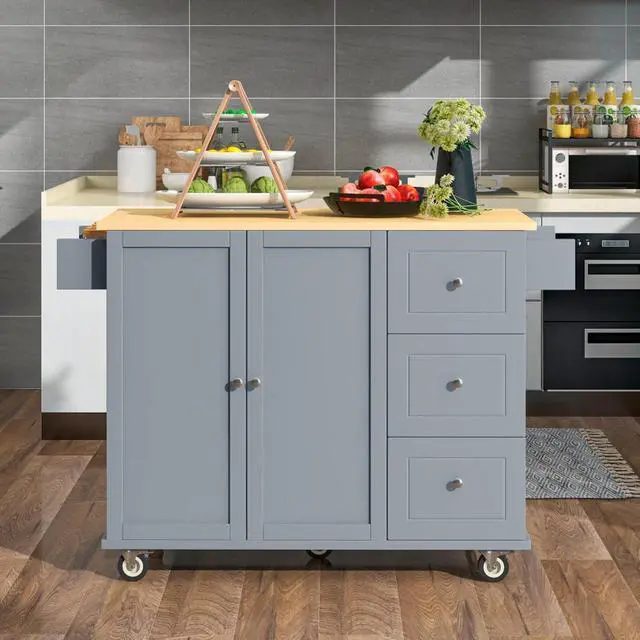 Alt view image 2 of 7 - Kitchen Island with Storage & Drop Leaf, Rolling Kitchen Island Cart on Wheels with 3 Drawers, Adjustable Shelf, Spice & Towel Rack, Island Table for Small Kitchen & Dining Room (Blue Grey)