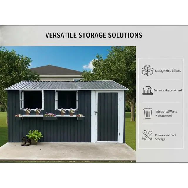Alt view image 5 of 7 - 12x10 FT Outdoor Metal Storage Shed with 3 Clear Windows & Decorative Flower Rack, Lockable Single Door Tool Shed, Heavy Duty Waterproof Weatherproof Garden Shed for Backyard (Coal Gray)