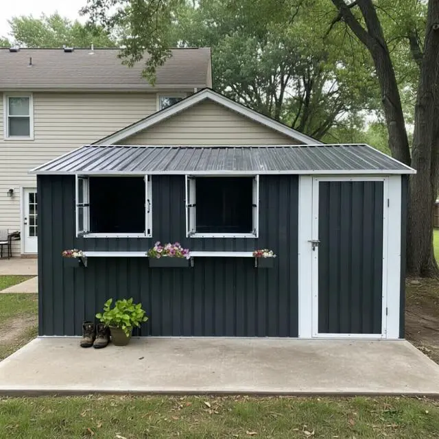 Alt view image 6 of 7 - 12x10 FT Outdoor Metal Storage Shed with 3 Clear Windows & Decorative Flower Rack, Lockable Single Door Tool Shed, Heavy Duty Waterproof Weatherproof Garden Shed for Backyard (Coal Gray)