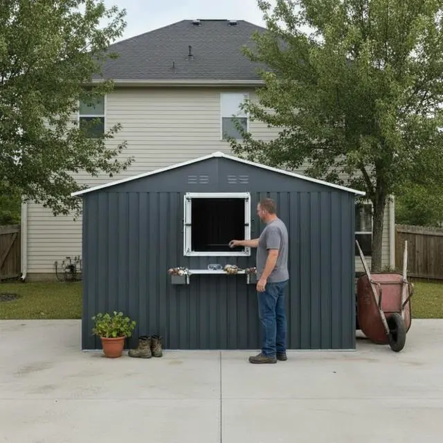 Alt view image 7 of 7 - 12x10 FT Outdoor Metal Storage Shed with 3 Clear Windows & Decorative Flower Rack, Lockable Single Door Tool Shed, Heavy Duty Waterproof Weatherproof Garden Shed for Backyard (Coal Gray)