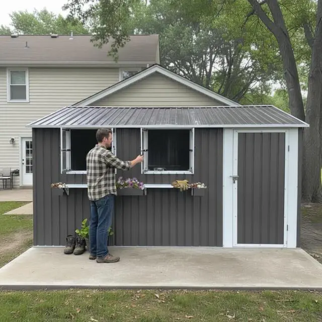 Main image of 12x10 FT Outdoor Metal Storage Shed with 3 Clear Windows & Decorative Flower Rack, Lockable Single Door Tool Shed, Heavy Duty Waterproof Weatherproof Garden Shed for Backyard (Grey)