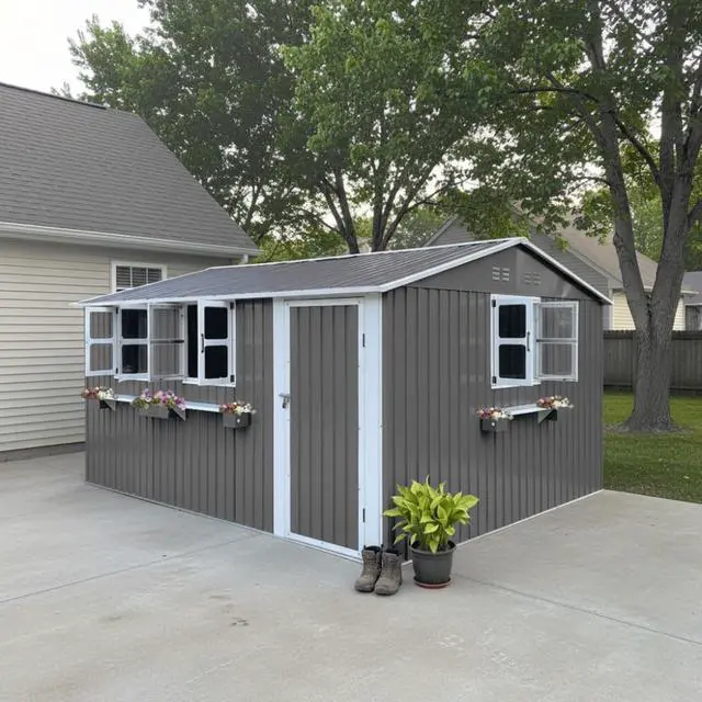 Alt view image 2 of 7 - 12x10 FT Outdoor Metal Storage Shed with 3 Clear Windows & Decorative Flower Rack, Lockable Single Door Tool Shed, Heavy Duty Waterproof Weatherproof Garden Shed for Backyard (Grey)
