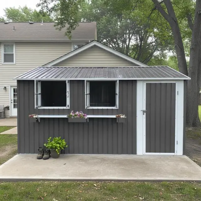 Alt view image 3 of 7 - 12x10 FT Outdoor Metal Storage Shed with 3 Clear Windows & Decorative Flower Rack, Lockable Single Door Tool Shed, Heavy Duty Waterproof Weatherproof Garden Shed for Backyard (Grey)