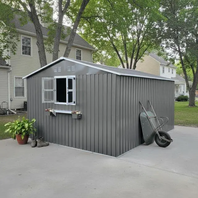 Alt view image 4 of 7 - 12x10 FT Outdoor Metal Storage Shed with 3 Clear Windows & Decorative Flower Rack, Lockable Single Door Tool Shed, Heavy Duty Waterproof Weatherproof Garden Shed for Backyard (Grey)