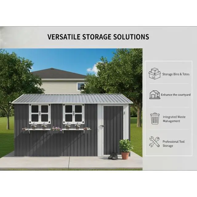 Alt view image 6 of 7 - 12x10 FT Outdoor Metal Storage Shed with 3 Clear Windows & Decorative Flower Rack, Lockable Single Door Tool Shed, Heavy Duty Waterproof Weatherproof Garden Shed for Backyard (Grey)