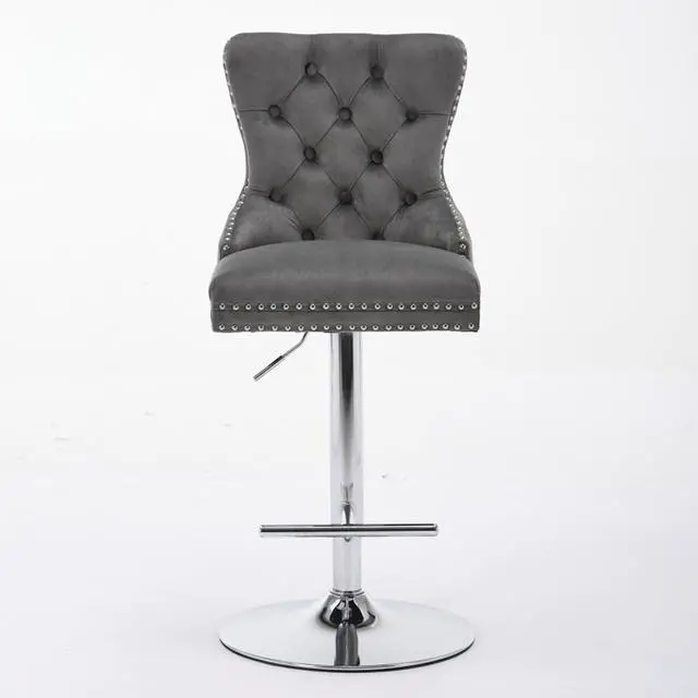 Alt view image 3 of 7 - Barstools Set of 2,Retro Swivel Pub Chair w/Height Adjustable Seat&Sturdy Metal Base for Cafe,Pub Height Bar Chairs Button Tufted Bar Stool w/High Back &Metal Ring for Home (Gray + Silver + Set of 2)