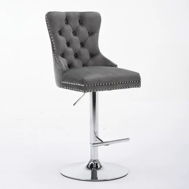 Alt view image 4 of 7 - Barstools Set of 2,Retro Swivel Pub Chair w/Height Adjustable Seat&Sturdy Metal Base for Cafe,Pub Height Bar Chairs Button Tufted Bar Stool w/High Back &Metal Ring for Home (Gray + Silver + Set of 2)
