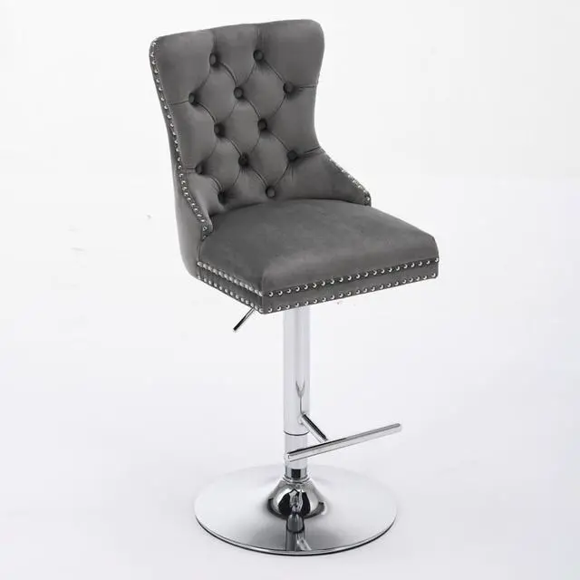 Alt view image 5 of 7 - Barstools Set of 2,Retro Swivel Pub Chair w/Height Adjustable Seat&Sturdy Metal Base for Cafe,Pub Height Bar Chairs Button Tufted Bar Stool w/High Back &Metal Ring for Home (Gray + Silver + Set of 2)