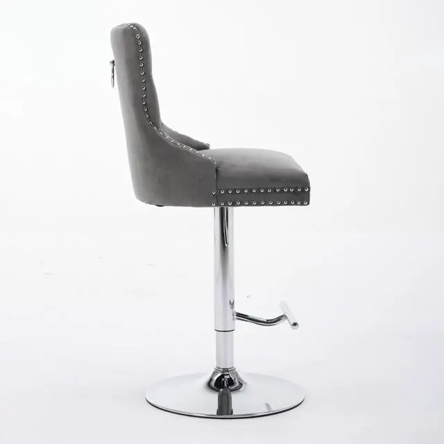 Alt view image 6 of 7 - Barstools Set of 2,Retro Swivel Pub Chair w/Height Adjustable Seat&Sturdy Metal Base for Cafe,Pub Height Bar Chairs Button Tufted Bar Stool w/High Back &Metal Ring for Home (Gray + Silver + Set of 2)