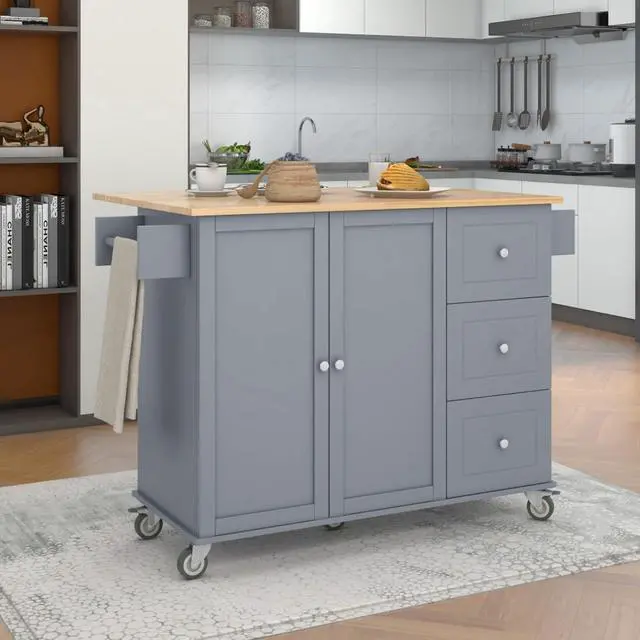 Alt view image 3 of 7 - Kitchen Island with Storage & Drop Leaf, Rolling Kitchen Island Cart on Wheels with 3 Drawers, Adjustable Shelf, Spice & Towel Rack, Island Table for Small Kitchen & Dining Room (Blue Grey)