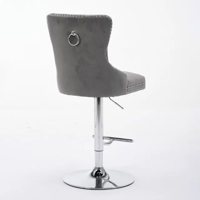 Alt view image 7 of 7 - Barstools Set of 2,Retro Swivel Pub Chair w/Height Adjustable Seat&Sturdy Metal Base for Cafe,Pub Height Bar Chairs Button Tufted Bar Stool w/High Back &Metal Ring for Home (Gray + Silver + Set of 2)