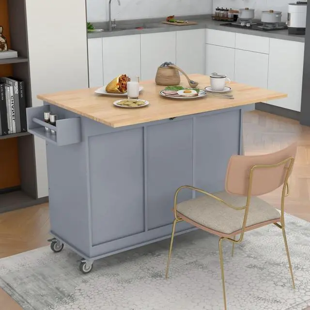 Alt view image 4 of 7 - Kitchen Island with Storage & Drop Leaf, Rolling Kitchen Island Cart on Wheels with 3 Drawers, Adjustable Shelf, Spice & Towel Rack, Island Table for Small Kitchen & Dining Room (Blue Grey)