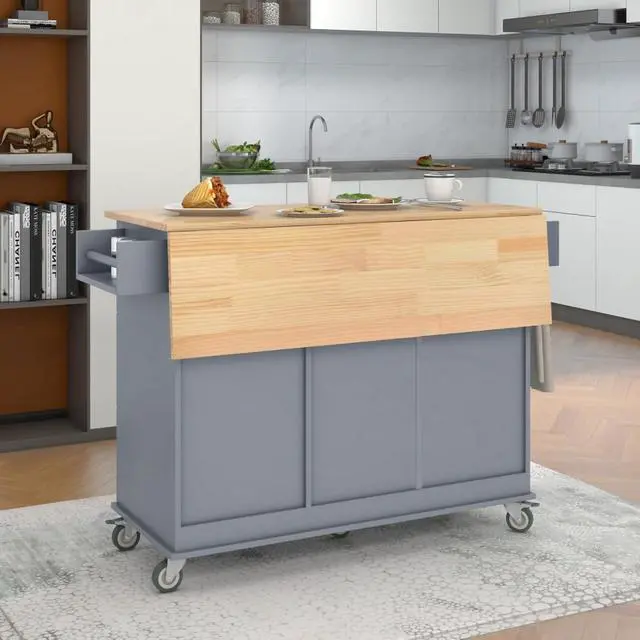 Alt view image 5 of 7 - Kitchen Island with Storage & Drop Leaf, Rolling Kitchen Island Cart on Wheels with 3 Drawers, Adjustable Shelf, Spice & Towel Rack, Island Table for Small Kitchen & Dining Room (Blue Grey)