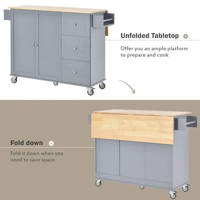Alt view image 7 of 7 - Kitchen Island with Storage & Drop Leaf, Rolling Kitchen Island Cart on Wheels with 3 Drawers, Adjustable Shelf, Spice & Towel Rack, Island Table for Small Kitchen & Dining Room (Blue Grey)