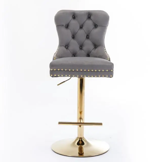 Alt view image 3 of 7 - Barstools Set of 2,Retro Swivel Pub Chair w/Height Adjustable Seat&Sturdy Metal Base for Cafe,Pub Height Bar Chairs Button Tufted Bar Stool w/High Back &Metal Ring for Home (Gray + Gold + Set of 2)