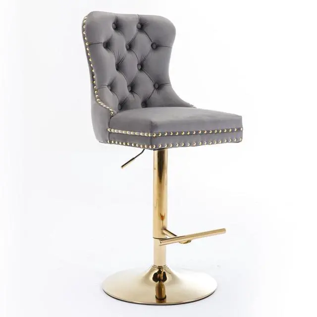 Alt view image 4 of 7 - Barstools Set of 2,Retro Swivel Pub Chair w/Height Adjustable Seat&Sturdy Metal Base for Cafe,Pub Height Bar Chairs Button Tufted Bar Stool w/High Back &Metal Ring for Home (Gray + Gold + Set of 2)