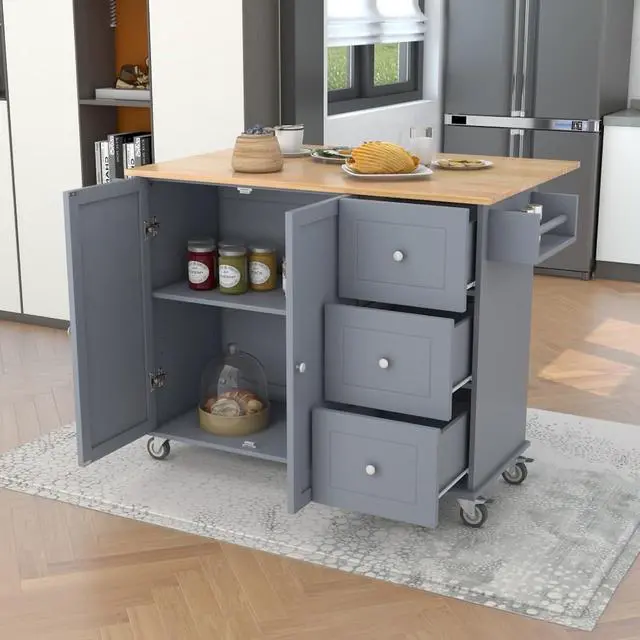 Alt view image 6 of 7 - Kitchen Island with Storage & Drop Leaf, Rolling Kitchen Island Cart on Wheels with 3 Drawers, Adjustable Shelf, Spice & Towel Rack, Island Table for Small Kitchen & Dining Room (Blue Grey)