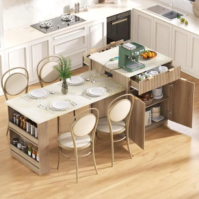 Main image of Kitchen Island Solid Wood Food Prep Table w/Extendable Table,Fluted Cabinet &Faux Marble Top for Dining Room,Multi-functional Breakfast Bar Table w/USB,Sockets & Open Storage Shelves for 4-6 (Natural)