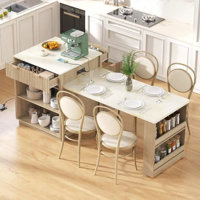 Alt view image 2 of 7 - Kitchen Island Solid Wood Food Prep Table w/Extendable Table,Fluted Cabinet &Faux Marble Top for Dining Room,Multi-functional Breakfast Bar Table w/USB,Sockets & Open Storage Shelves for 4-6 (Natural)