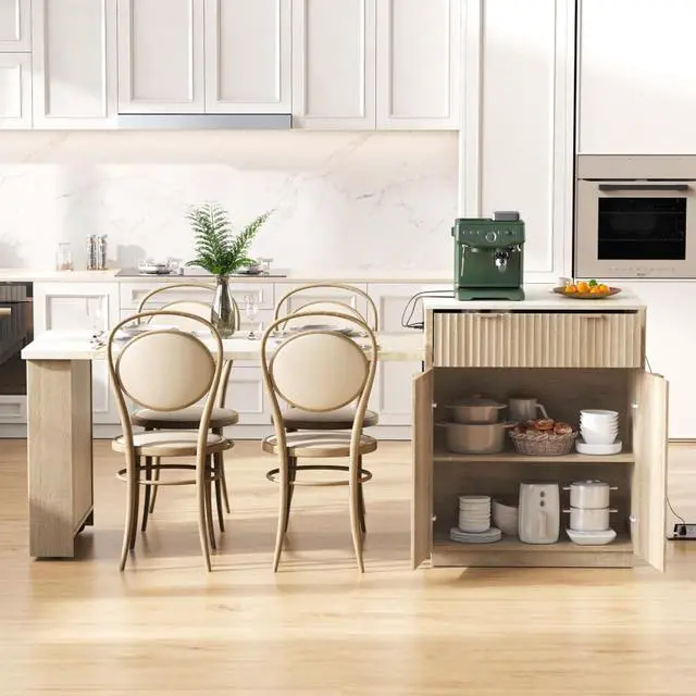 Alt view image 3 of 7 - Kitchen Island Solid Wood Food Prep Table w/Extendable Table,Fluted Cabinet &Faux Marble Top for Dining Room,Multi-functional Breakfast Bar Table w/USB,Sockets & Open Storage Shelves for 4-6 (Natural)