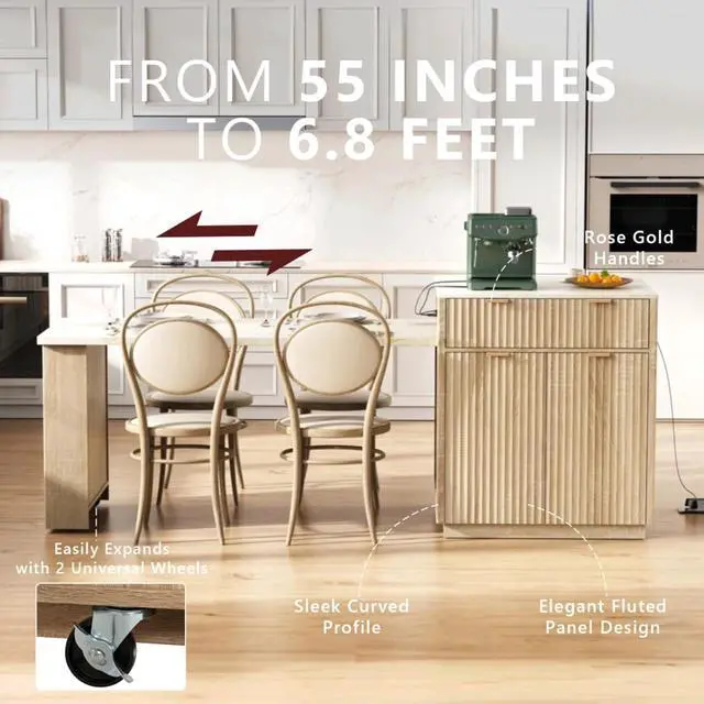 Alt view image 5 of 7 - Kitchen Island Solid Wood Food Prep Table w/Extendable Table,Fluted Cabinet &Faux Marble Top for Dining Room,Multi-functional Breakfast Bar Table w/USB,Sockets & Open Storage Shelves for 4-6 (Natural)