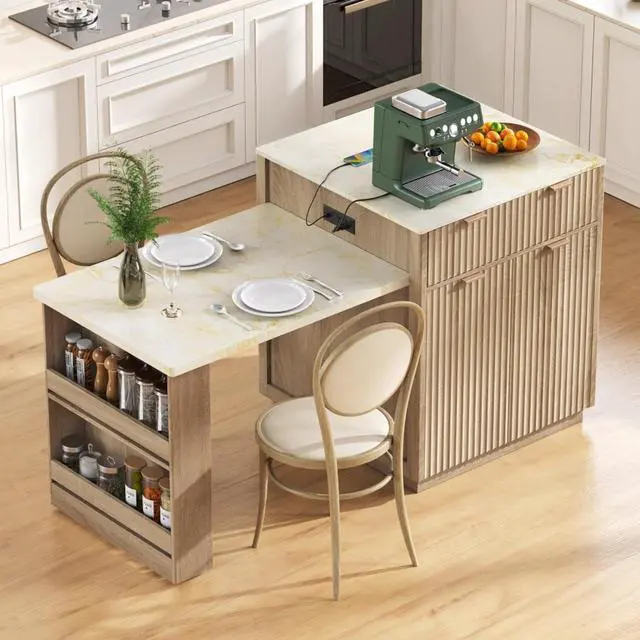 Alt view image 4 of 7 - Kitchen Island Solid Wood Food Prep Table w/Extendable Table,Fluted Cabinet &Faux Marble Top for Dining Room,Multi-functional Breakfast Bar Table w/USB,Sockets & Open Storage Shelves for 4-6 (Natural)