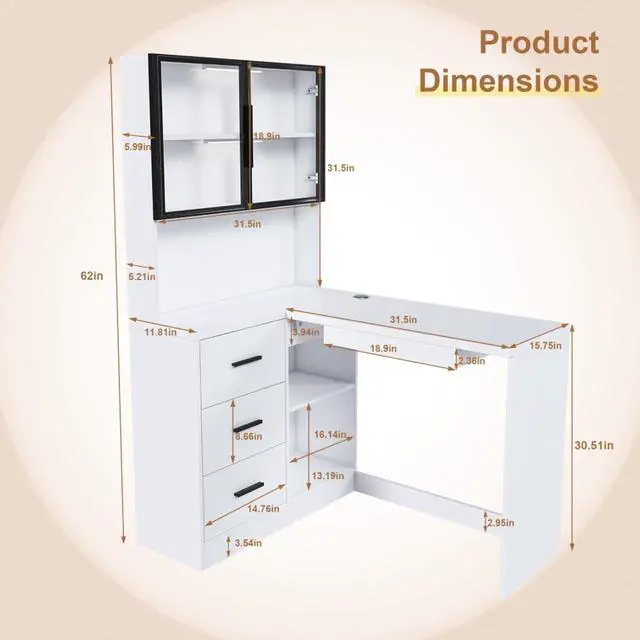 Alt view image 2 of 7 - Ergonomic L-Shaped Design Housheold Glass Cabinet Computer Desk with LED Lights, USB Ports & Keyboard Tray for Home Offices and Corporate Spaces (White)