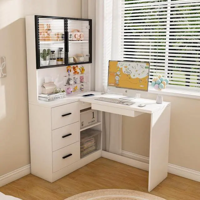 Main image of Ergonomic L-Shaped Design Housheold Glass Cabinet Computer Desk with LED Lights, USB Ports & Keyboard Tray for Home Offices and Corporate Spaces (White)