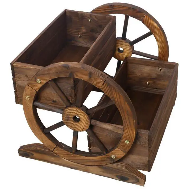 Alt view image 7 of 7 - Wooden Wagon Planter Box with Wheels Design and Drainage Hole for Backyard, Park, Lawn, Outdoor Flower Cart with Fir Wood Frame for Growing Flowers, Plants, Herbs (Style 2)